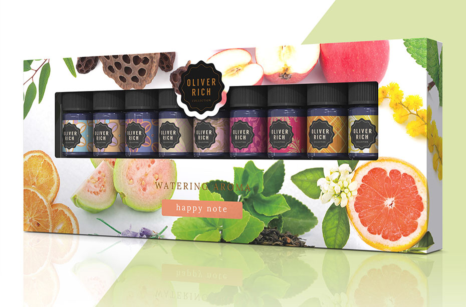 packaging du coffret mini huiles aromatiques Oliver Rich avec Happiness Collection