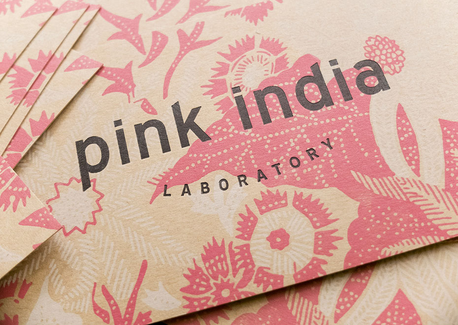 Pink India new logo and shop cards printed in letterpress in black, pink and white on kraft paper