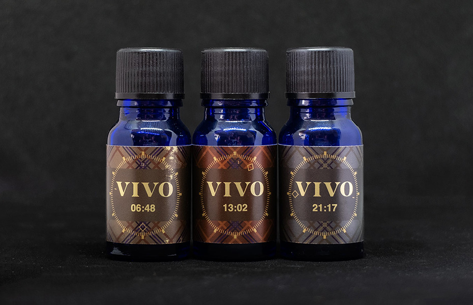 VIVO aroma oils, huiles essentielles pour hommes packaging