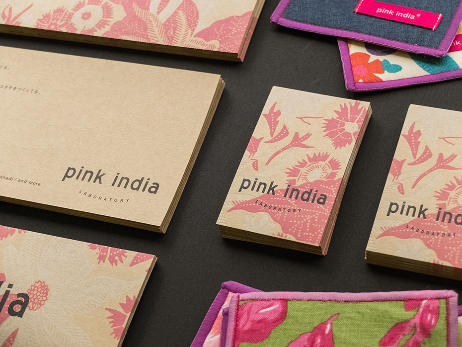 Pink India new logo and business cards and shop cards printed in letterpress in black, pink and white on kraft paper