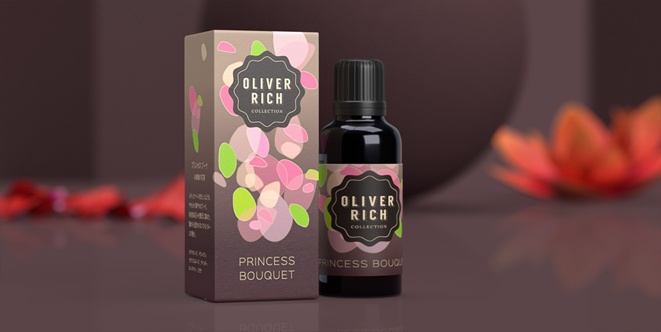 bottle label and box packaging design for Oliver Rich aroma oils
