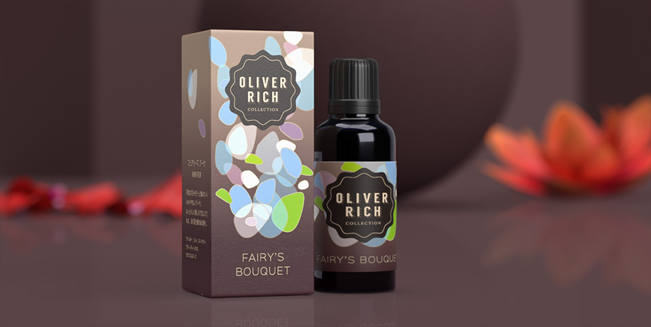 Packaging d'huiles essentielles aroma de la marque Oliver Rich (Japon)