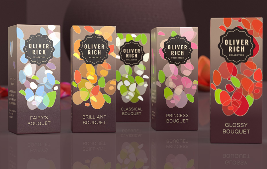 packagings de la collection d'huiles aroma Bouquet, par Oliver Rich