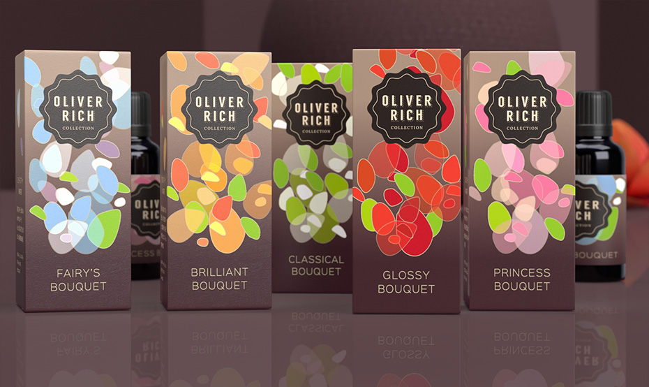 packaging de la collection d'huiles aroma Bouquet, par Oliver Rich