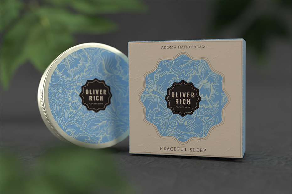 Crèmes pour les mains aroma OLIVER RICH | packaging - boîtes et étiquettes - Peaceful Sleep