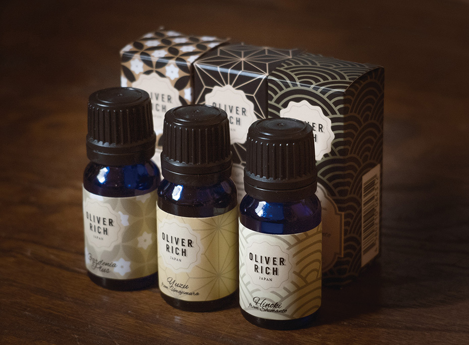 Huiles aroma OLIVER RICH | rebranding – Série Japan, packaging, étiquettes des flacons et boîtes