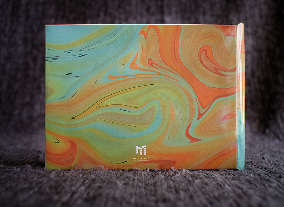 book-shaped chocolate box, back cover, paper marbling