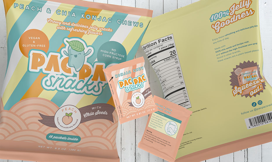 PAC PAC peach flavoured snacks bag and sachet packaging design