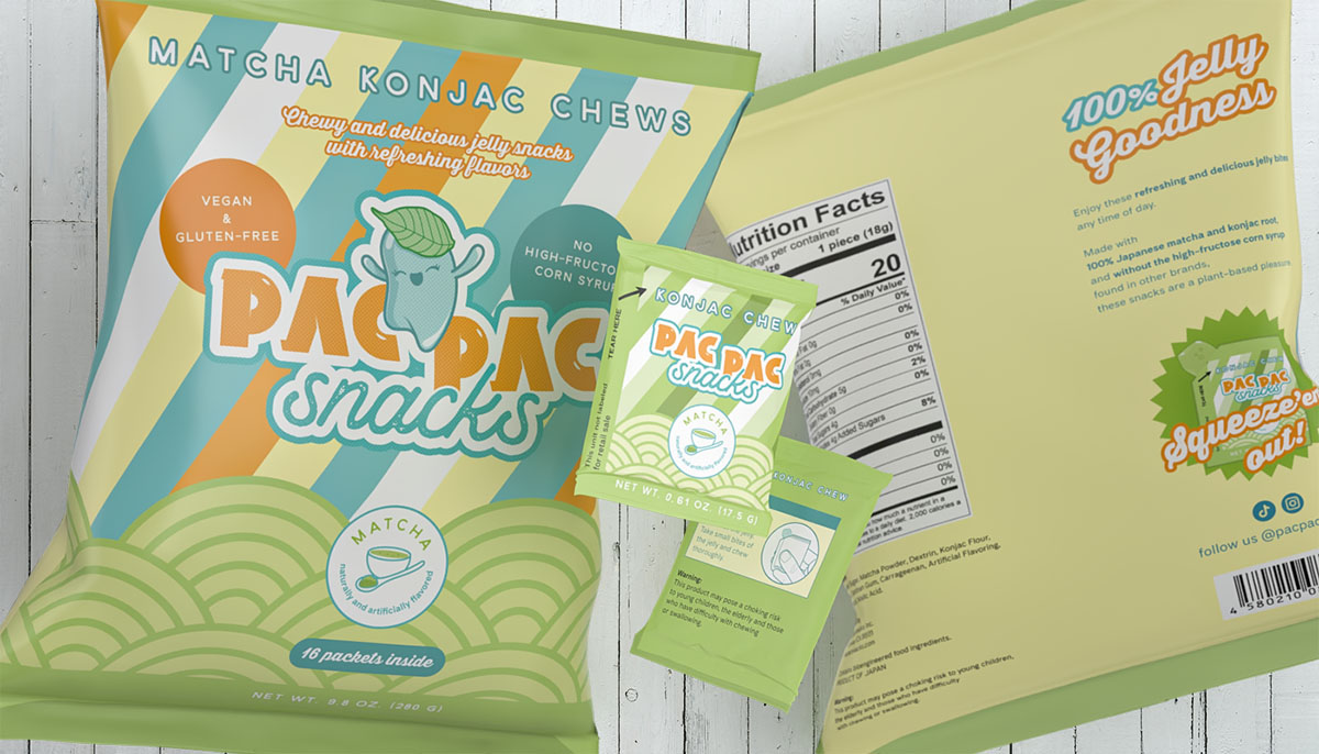 PAC PAC matcha flavoured snacks bag and sachet packaging design