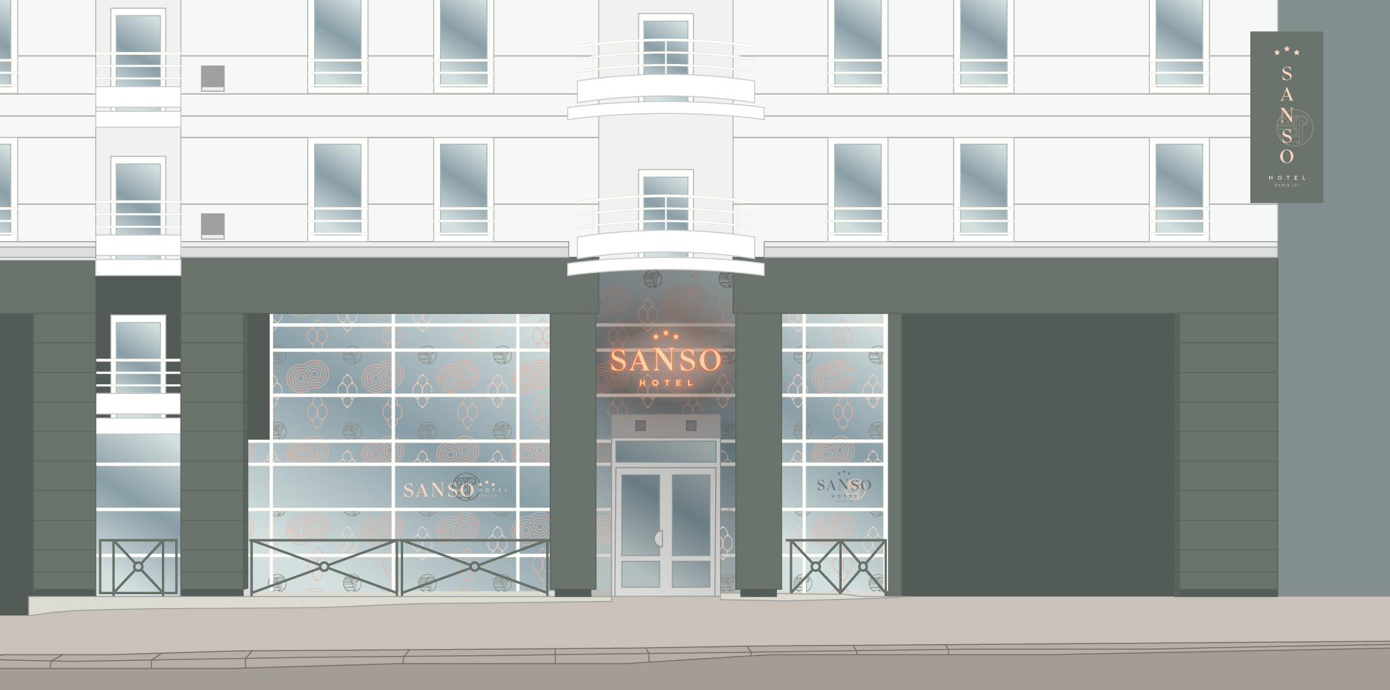 hotel front illustration and signage