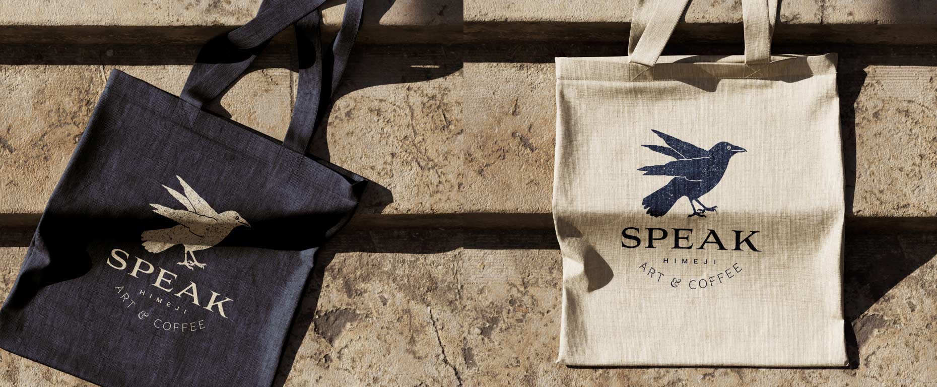 Speak Art & Coffee Crow tote bags